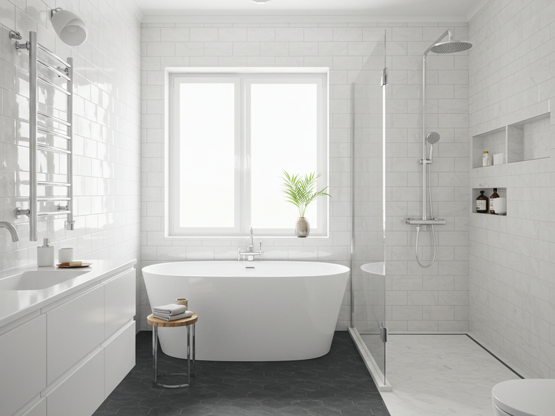 White modern bathroom with dark honeycomb style tile flooring in Cherry Hill NJ