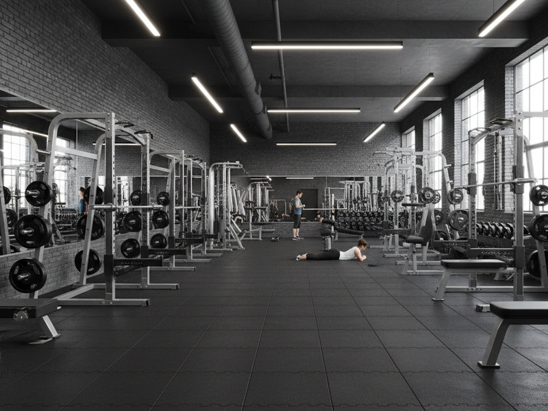 Gym with black rubber tile flooring