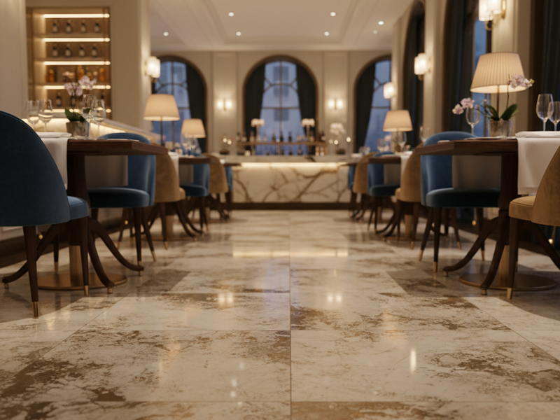 Restaurant with marbled porcelain flooring