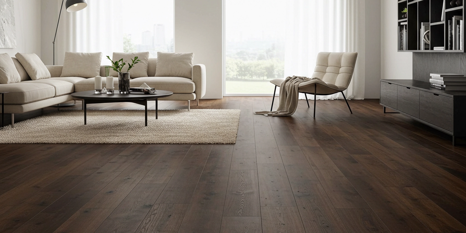Solid Dark Hardwood Flooring in a Stylish Living Room