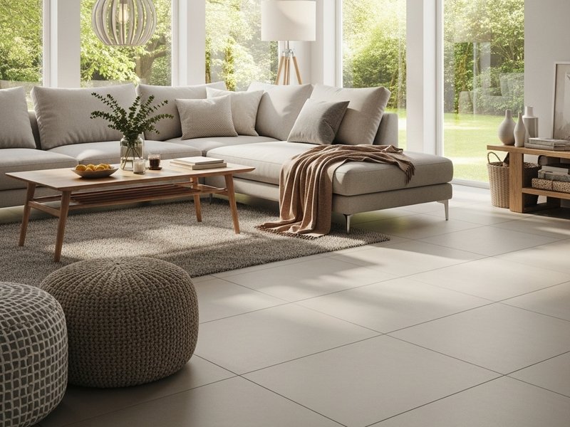 Open concept living room with large matte tile floors
