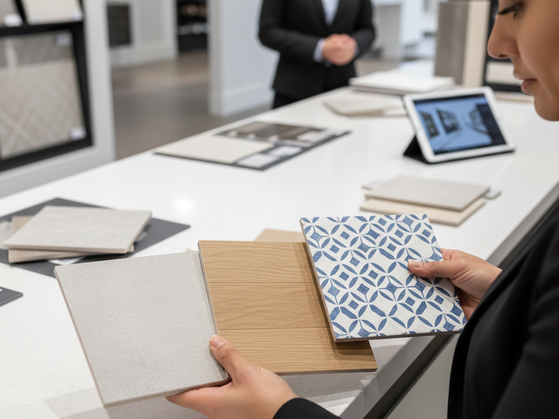 Browsing flooring samples at a retail counter