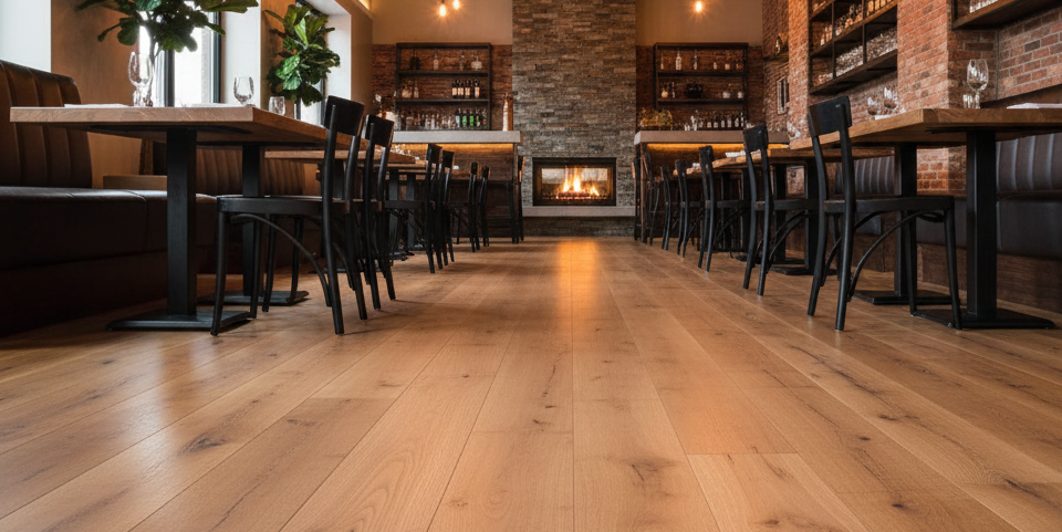 Cozy industrial style restaurant with hardwood flooring