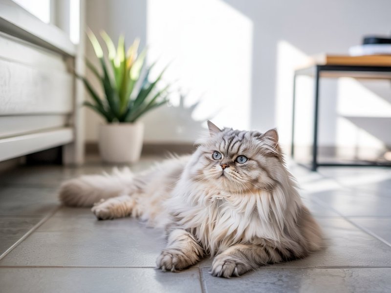 Fluffy cat on a Tile Floor